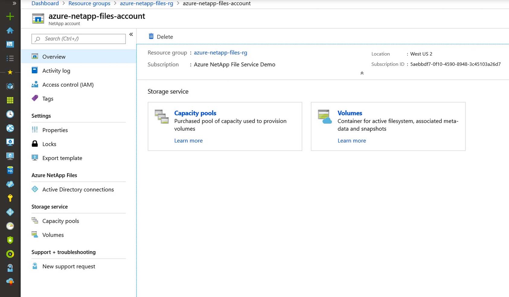 screenshot of Azure NetApp Files